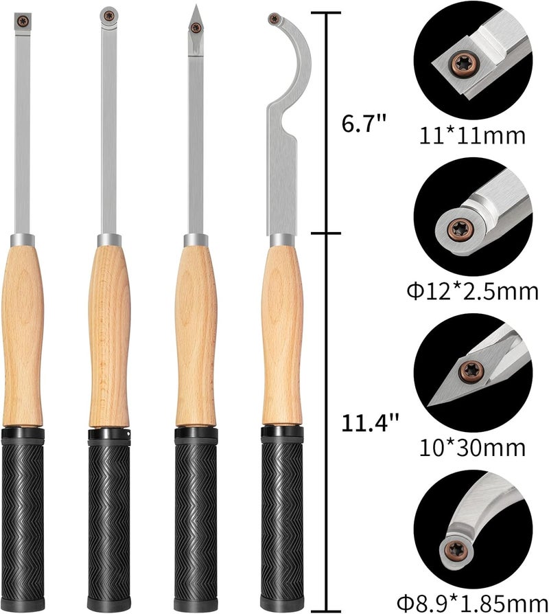 DEEFIINE 18.3" Full Size Carbide Tip Wood Lathe Turning Tool Kit, Lathe Roughing and Finishing Hollow Tool with Diamond Round Square Carbide inserts(Beech handle) - Image 2